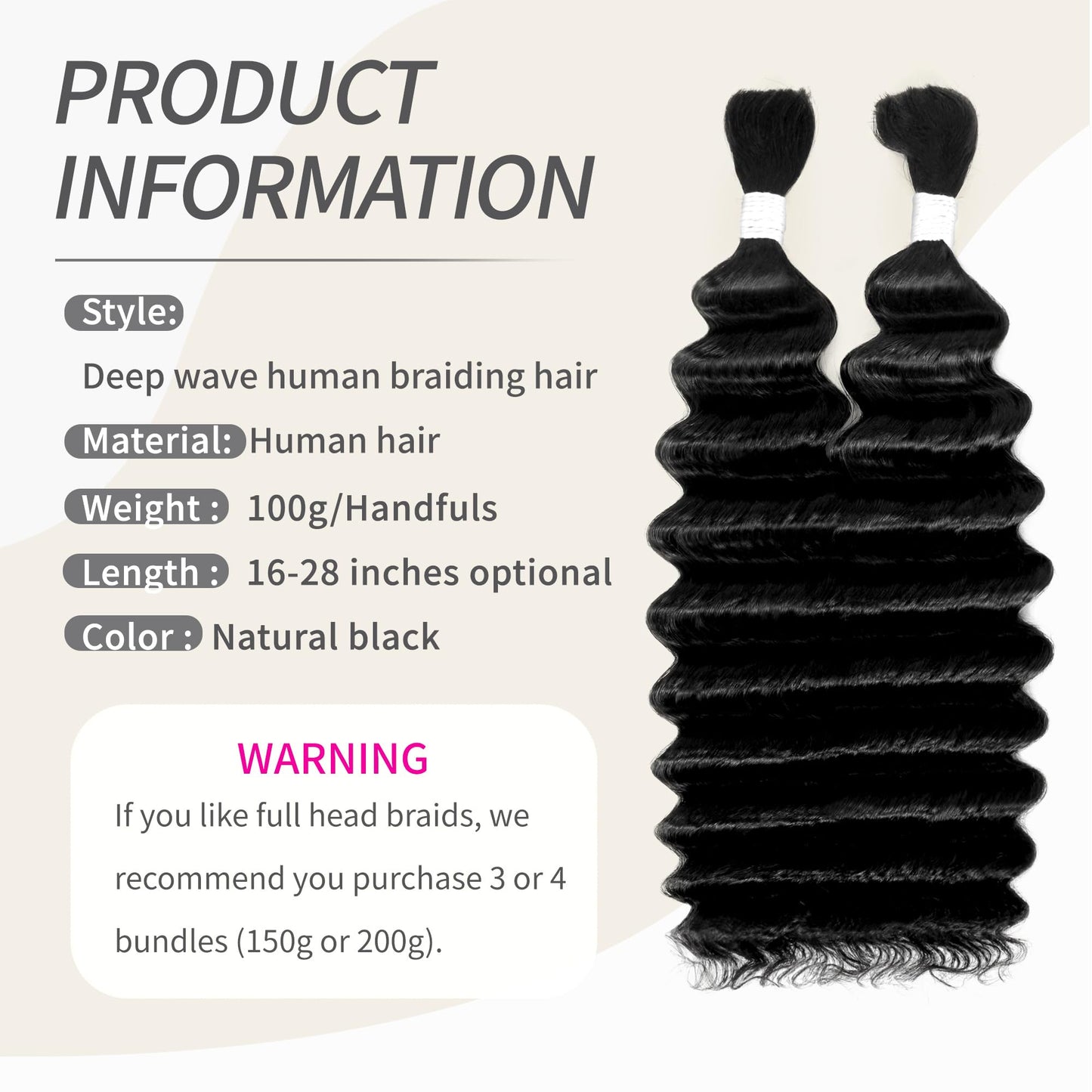 Deep Wave Bulk Human Hair for Braiding 2 Bundles 100g 18 Inch No Weft 10A Brazilian Virgin Curly Human Hair Extensions for Boho Braids Wet Wavy Human Braiding Hair (18"/100G,Black)