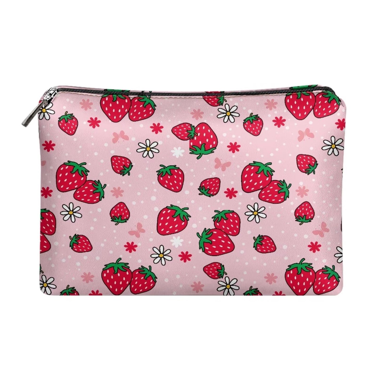 ELEDIZI Cute Makeup Pouch Strawberry Aesthetic Cosmetic Case for Teen Girls Pink Leather Toiletry Bag Waterproof Makeup Brush Bag Lipstick Travel Bag Zipper Clutch Purse for Phone and Keys Nice Gifts