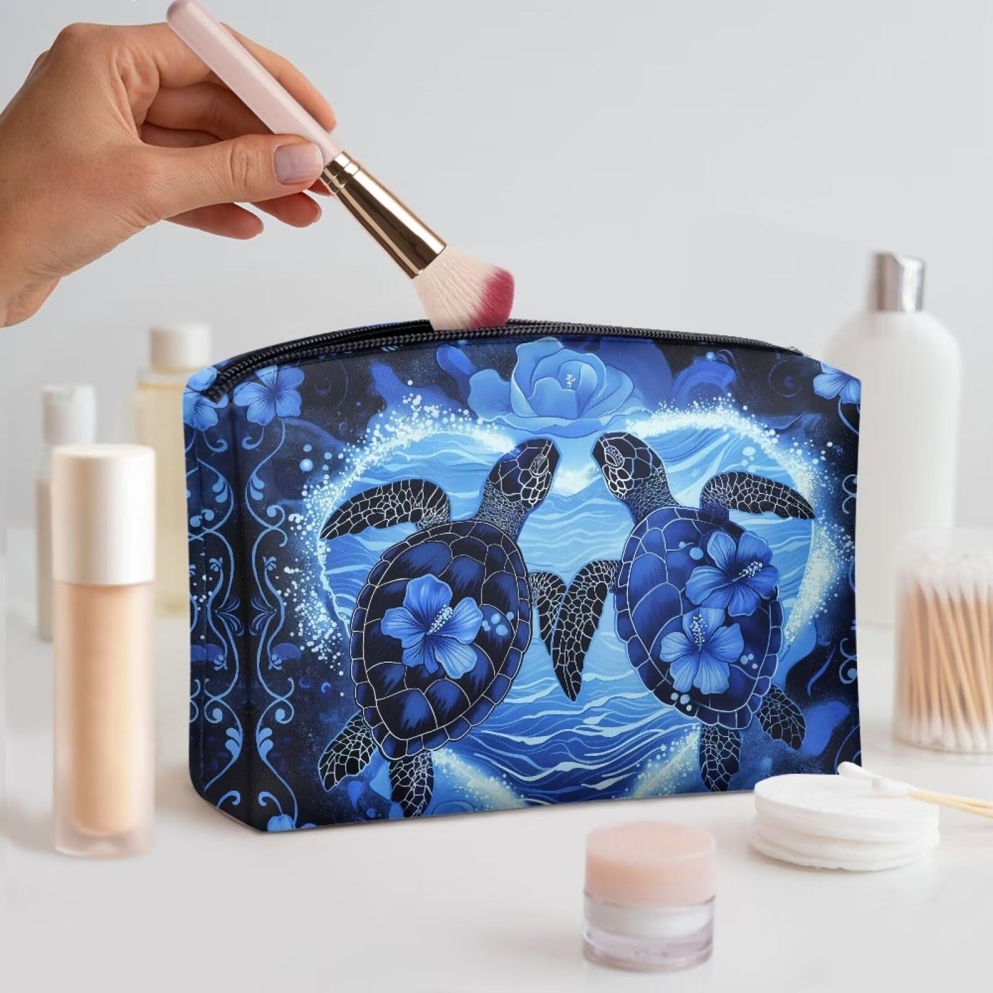 ELEDIZI Floral Sea Turtle Makeup Bag for Purse Travel Toiletry Bag for Women Carry On Waterproof Zippered Cosmetic Bag Pu Leather Skin Care Bag Multifunctional Storage Bag for Small Items,Keys,Liptick