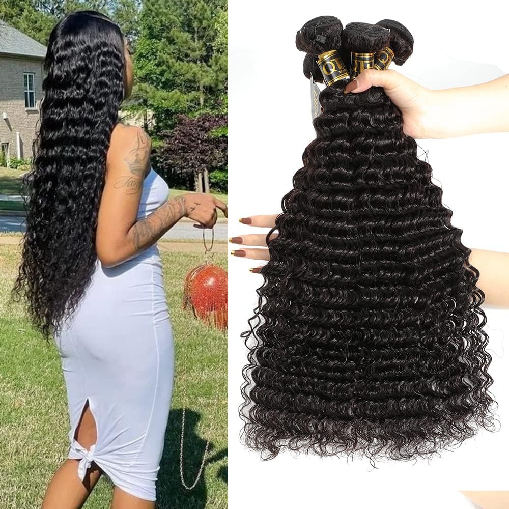 QTHAIR 14A Brazilian Virgin Hair Deep Wave Hair Extensions(18'' 20'' 22'' 24'',400g) 100% Unprocessed Deep Wave Brazilian Virgin Human Hair Wave Bundles