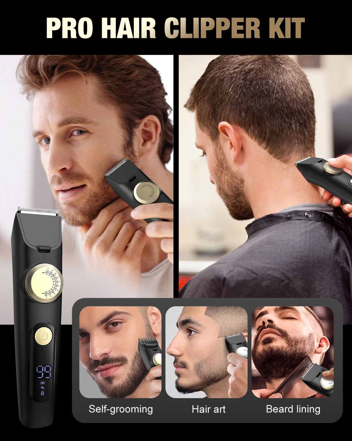 Sejoy Beard Trimmer for Men, Clippers for Hair Cutting Cordless Hair Clipper for Mustache Hair Trimmer with LED Display for Home, Adults, Children, Black