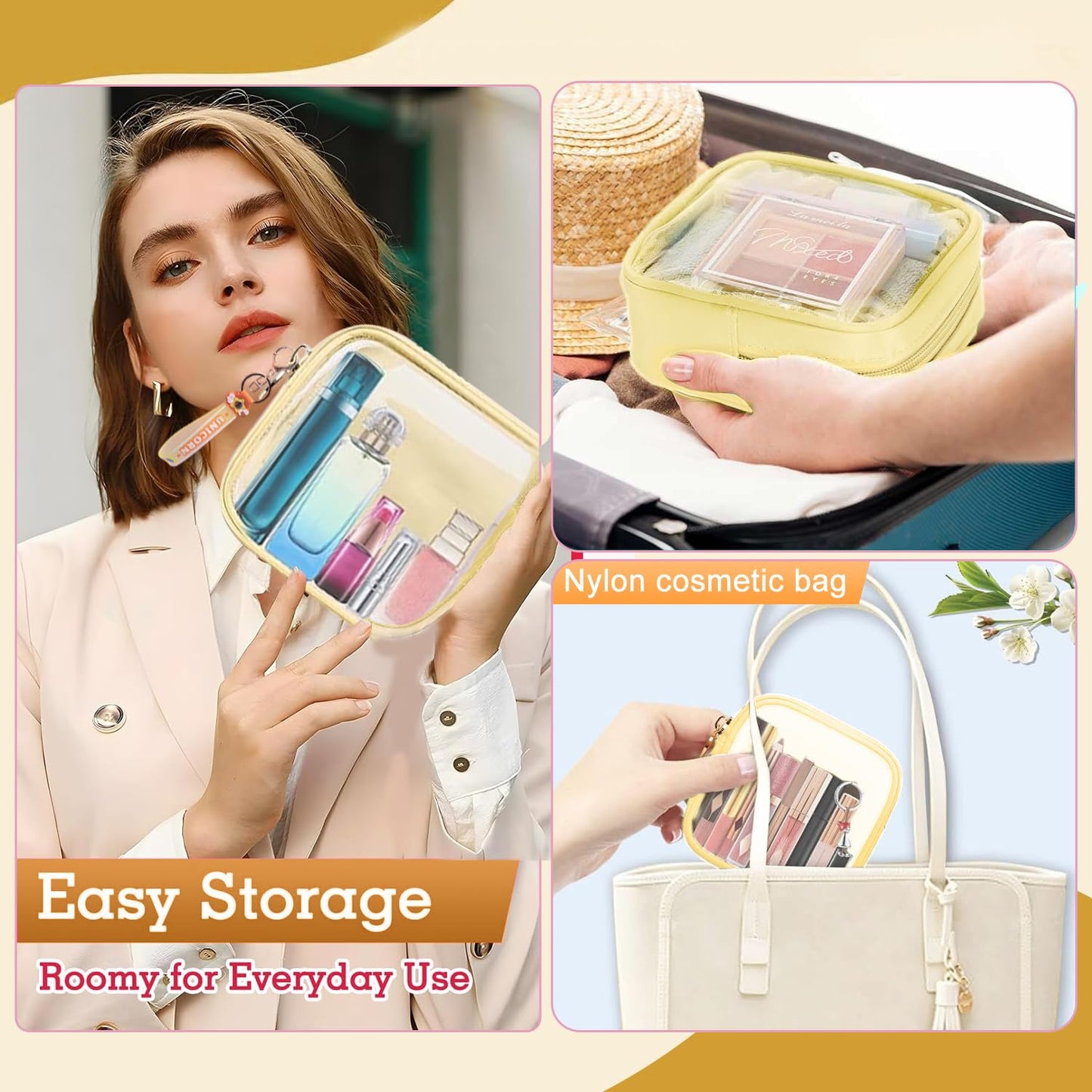 Yhwocd Mini Makeup Bag Makeup Pouch for Women And Girls, Mini Pouch Clear with Zipper Cosmetic Bag for Purse, Transparent PVC & Nylon Bag Waterproof Preppy Toiletry Bag Cute (Mini, yellow)