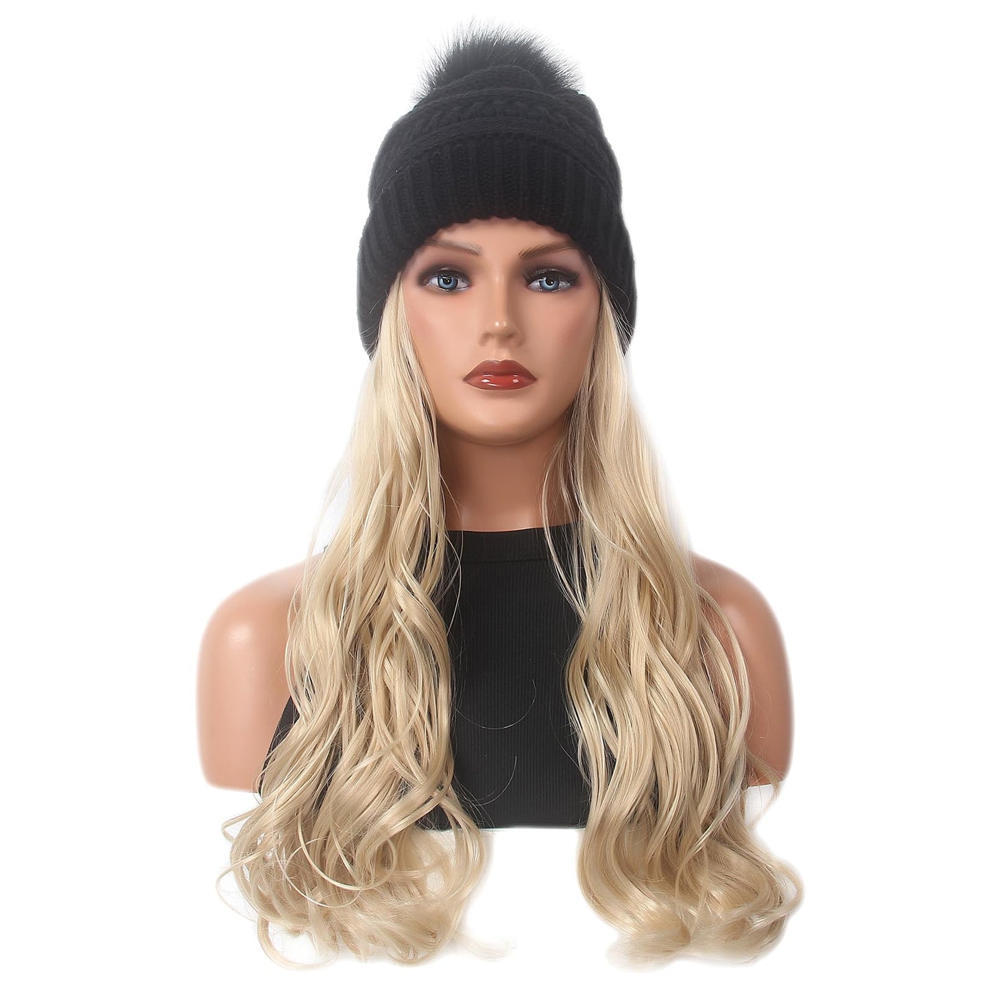 STfantasy Long Wavy Curly Hair Extensions Knit with Beanie Hat 26inch Heat Resistant Synthetic Wig Sewing Hairpiece Warm Pom for Women Winter Daily Wear (Blonde)