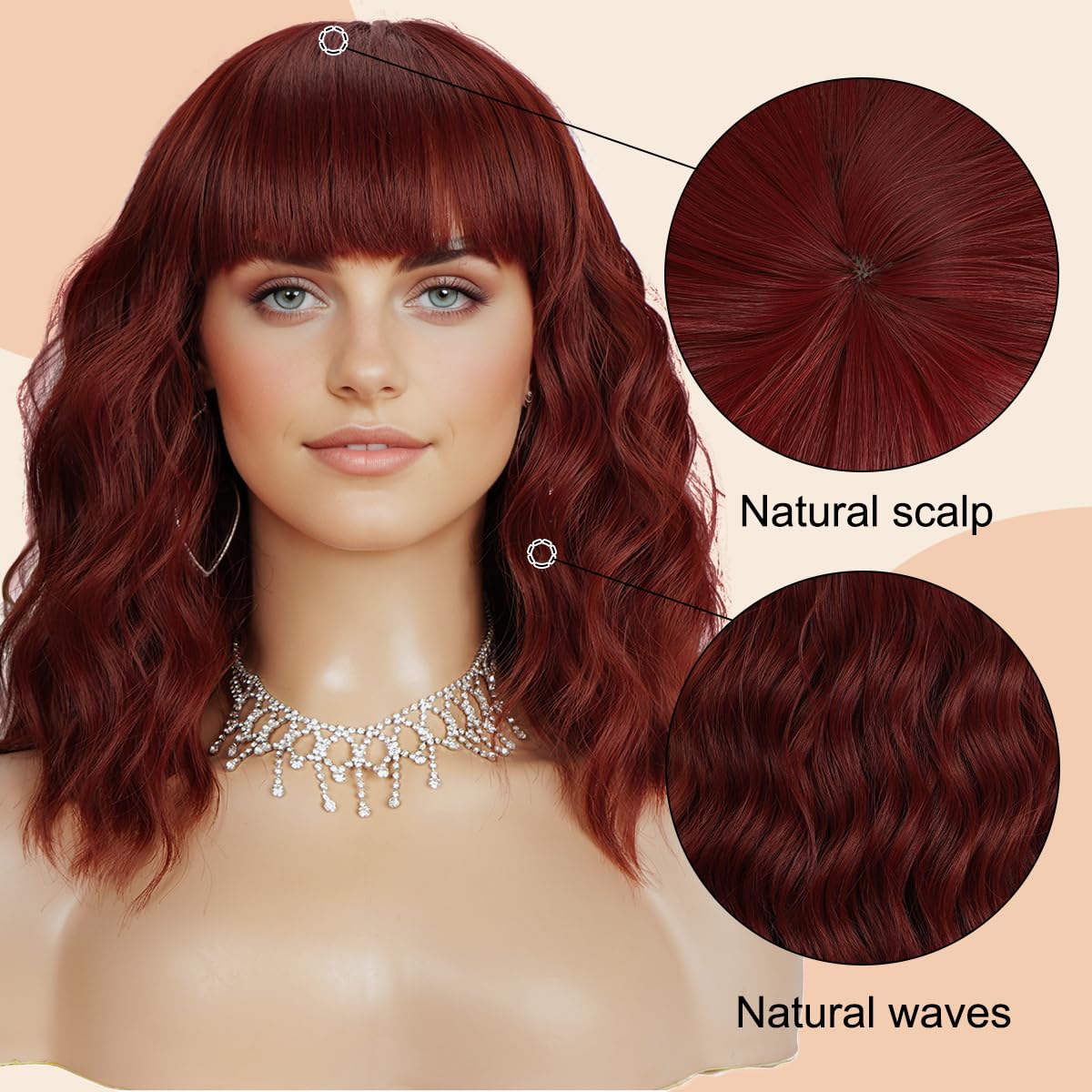 Short Wavy Copper Red Wigs for Women Wig with Bangs Red Color Shoulder Length Bob Wigs Natural Looking Heat Resistant Fiber Wig for Daily Party