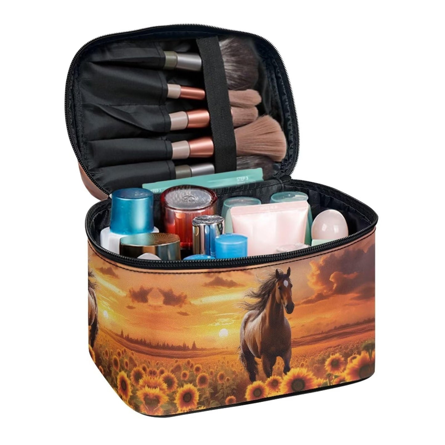 doginthehole Horse Sunset Cosmetic Bag Make Up Travel Bag for Women Sunflower Toiletry Bag Zipper Traveling Organizer Bag Large Portable Cosmetic Brush Bag with Handle