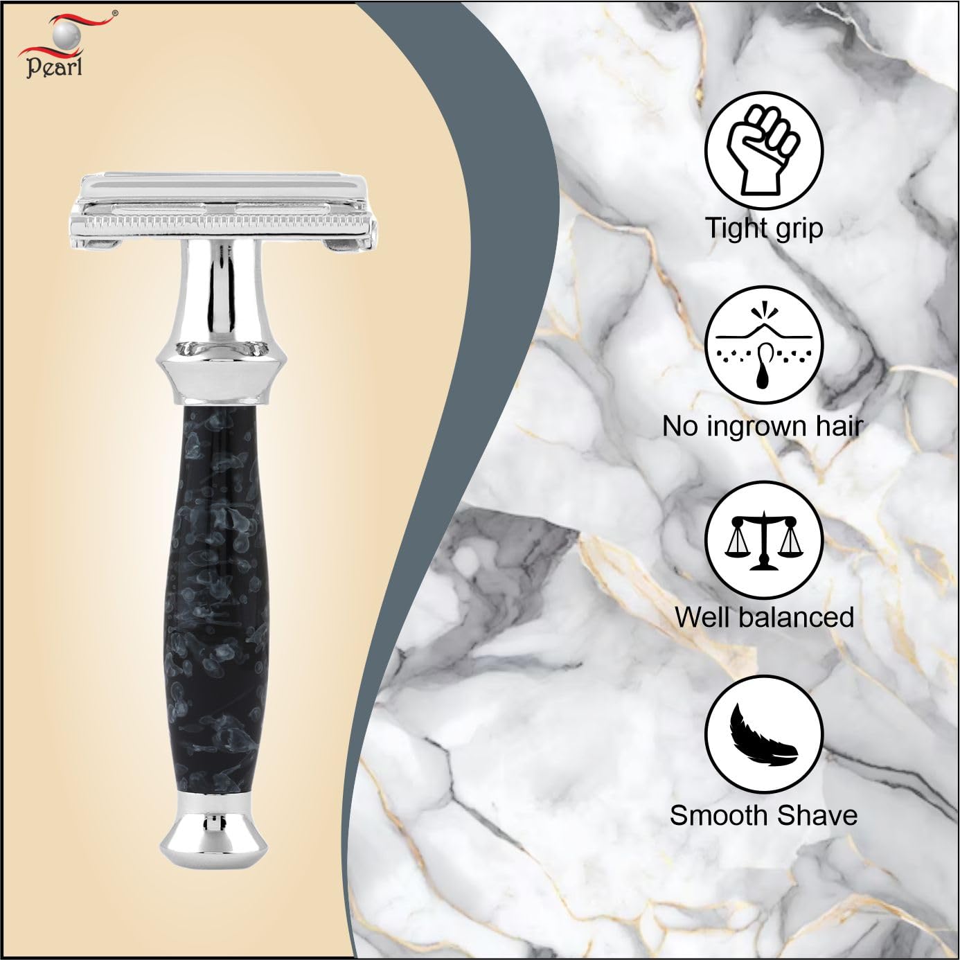 Pearl Shaving Double Edge Safety Razor (SS-95 Marble Black) | Proudly Made In India | Brass Metal With Premium Chrome Plating | Classic And Traditional Safety Razor | Butterfly Safety Razor | 10 Platinum Coated Double Edge Safety Razor Blade Refills