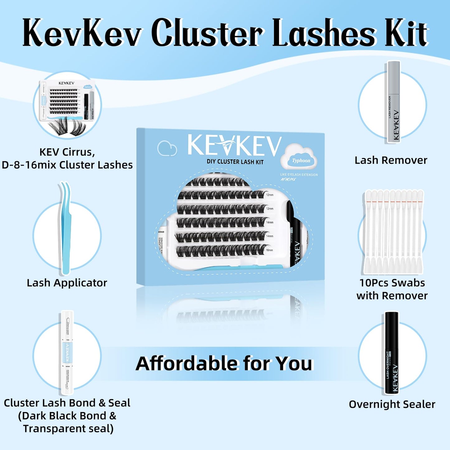 KevKev DIY Lash Extension Kit Lash Clusters Kit 84 Pcs Cluster Lashes with Lash Bond and Seal Lash Glue Remover Overnighter Seal and Applicator for DIY Eyelash Extension(Typhoon Kit,D-8-16mix)