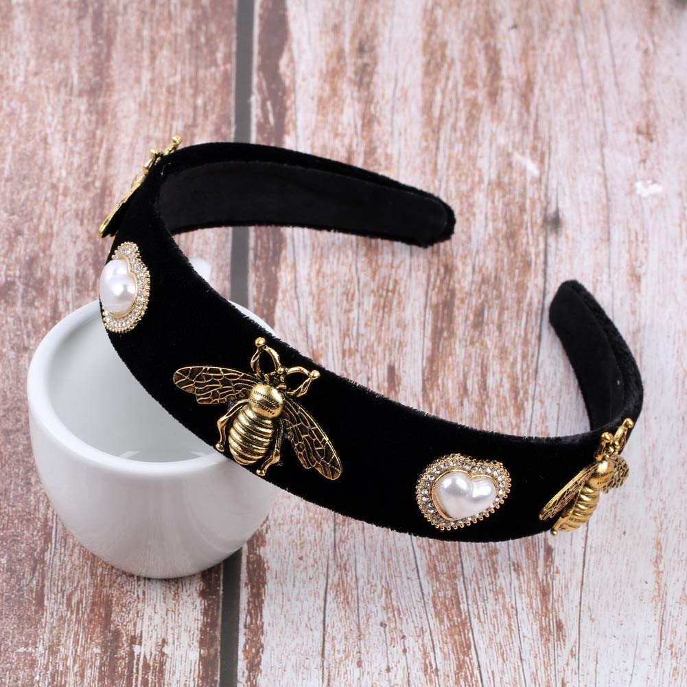 Vintage Black Band Simulated Pearl Bead Flower Hairbands for Women Fashion Alloy Metal Glass Rhinestone Crystal Bee Butterfly Headband Jewelry (Insect)