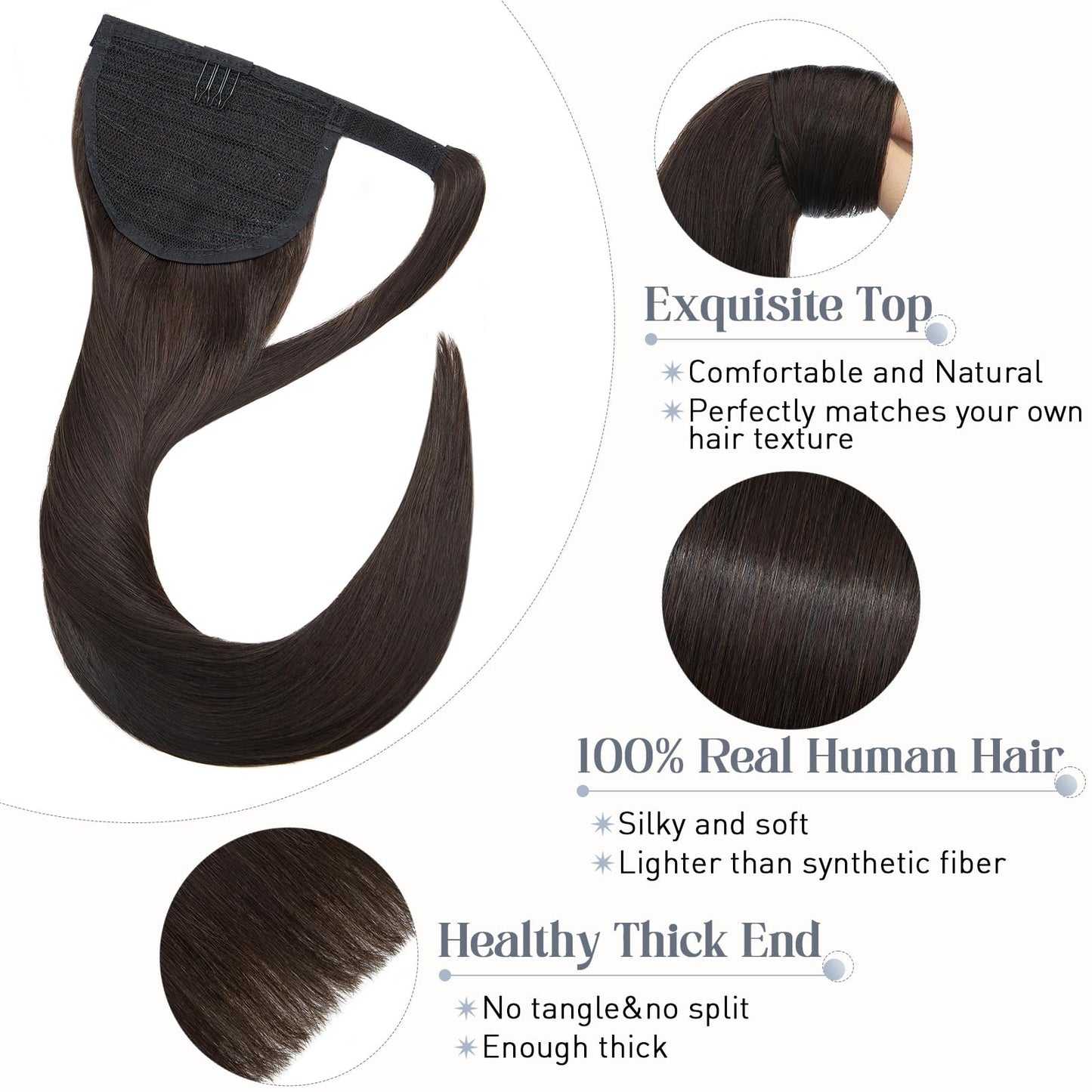 Rich Choices Ponytail Extension Human Hair #2 Dark Brown Real Hair Ponytail Extension Balayage One Piece Clip In Wrap Around Long Ponytail Extension Straight For Women 16 Inch 85g