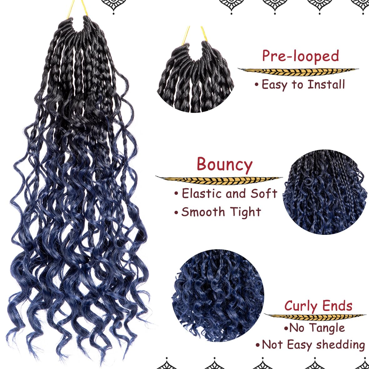 Beverlee 10 Inch 8 Packs Boho Box Braids Goddess Box Braids Crochet Hair Bohemian Hippie Braids Braiding Hair Box Braids with Curly Ends Messy Pre-Looped Synthetic Crochet Hair for Black Women 2/3#