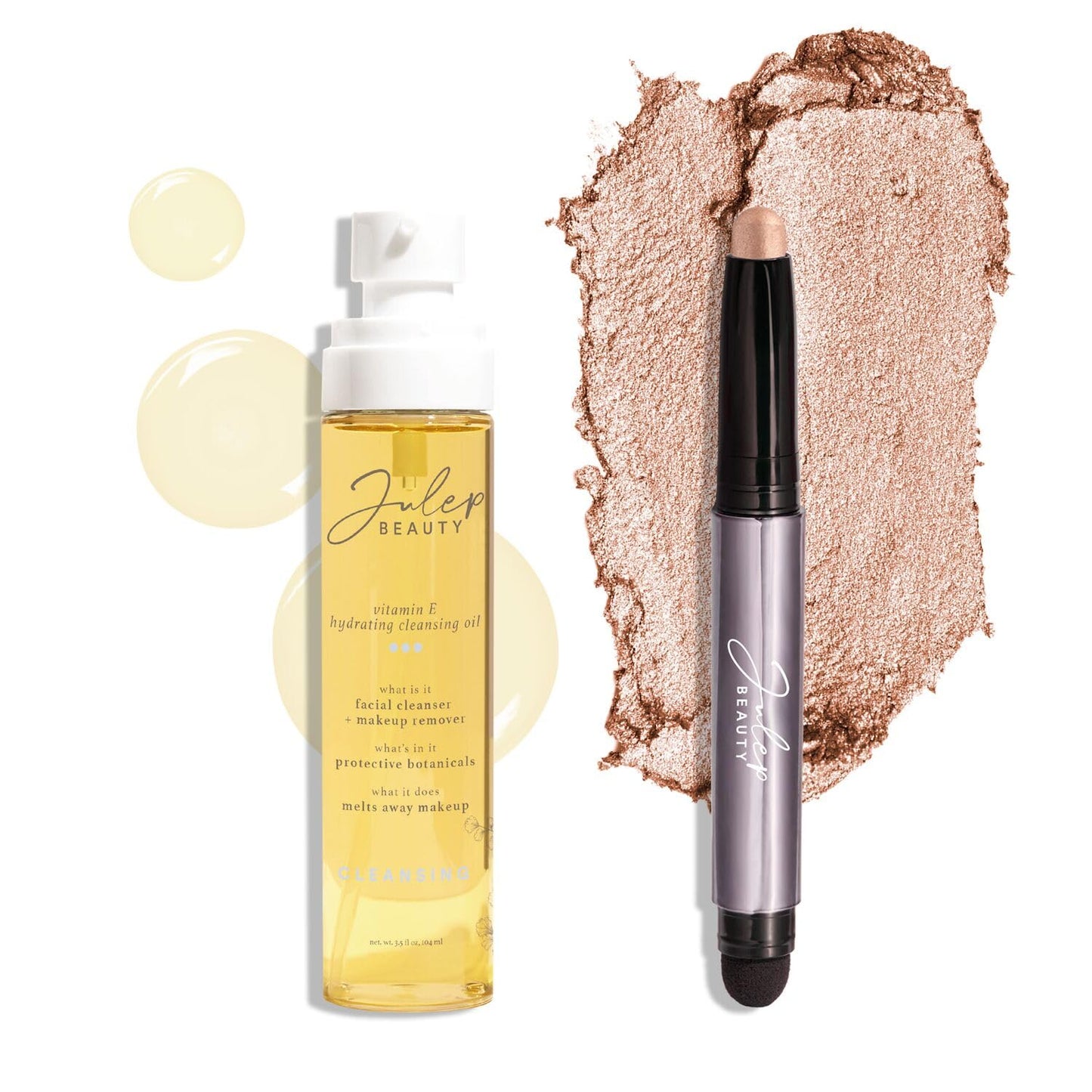 Julep Makeup Remover Perfection Set: Eyeshadow 101 Creme to Powder Champagne Shimmer Eyeshadow Stick and Vitamin E Cleansing Oil and Makeup Remover