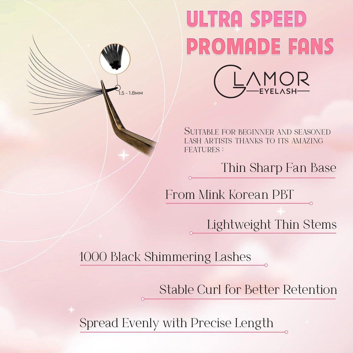 GLAMOREYELASH 1000 Ultra Speed Narrow Promade Fans|Natural Eyelash Extension 3D~16D|Handmade Individual Lashes Extension with 0.03/0.05/0.07mm Thickness of Mink Lashes | C CC D Curl for Cat Eye Lashes