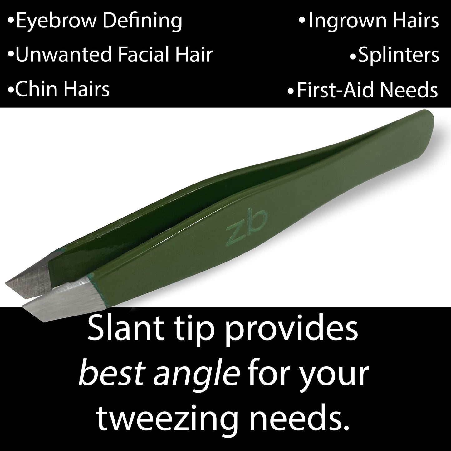 Tweezers – Surgical Grade Stainless Steel - Slant Tip for Expert Eyebrow Shaping and Facial Hair Removal – with Protective Pouch (Army Green)