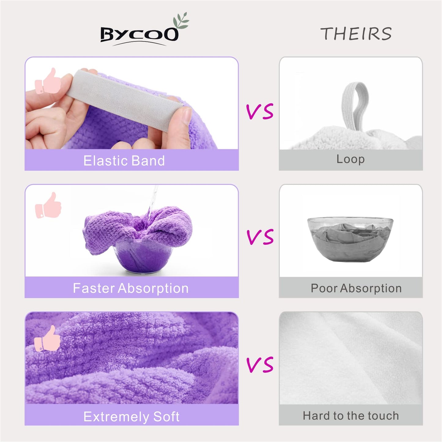 BYCOO Large Microfiber Hair Towel Wrap for Women, Anti Frizz Hair Drying Towel with Elastic Strap, Fast Dry | Super Absorbent | Quick Dry Hair Turban for Wet, Curly, Long & Thick Hair -Purple