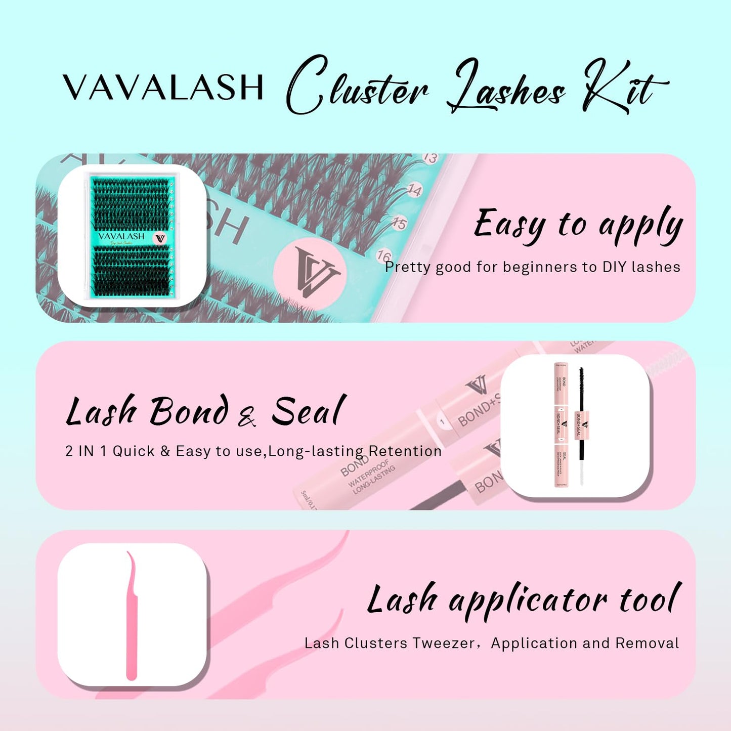 VAVALASH DIY Lash Extension Kit 280 Clusters Individual Lashes Kit 40D 50D 0.07D-10-16mm Lash Clusters, Lash Bond and Seal, Lash Tweezer for DIY Eyelash Extension at Home（Kit-40D+50D-0.07D-10-16MIX）