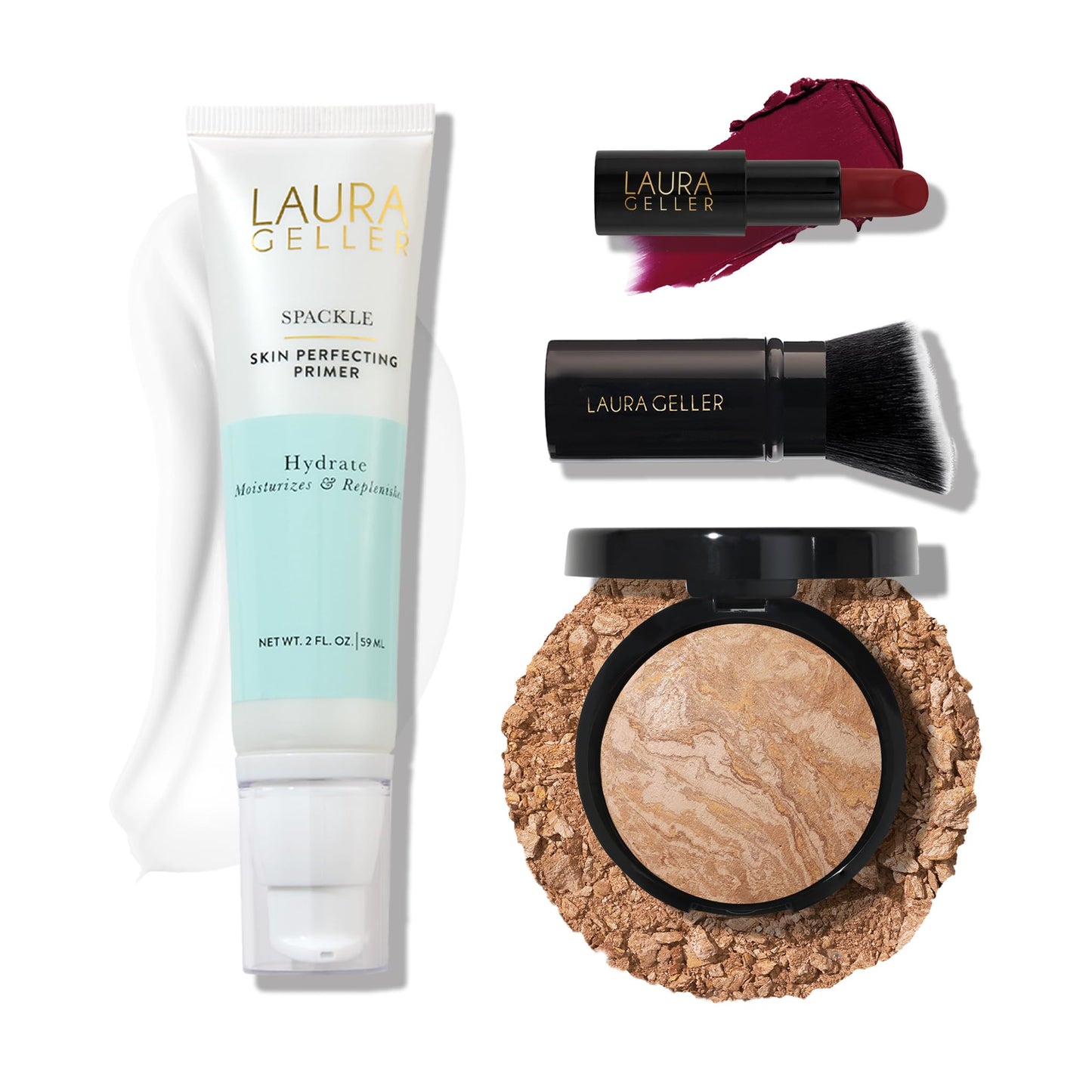 LAURA GELLER NEW YORK Effortless Essentials Kits (4pc): Baked Balance-n-Brighten Foundation, Medium + Spackle Makeup Primer, Hydrate + Modern Classic Matte Lipstick, Berry Bliss + Kabuki