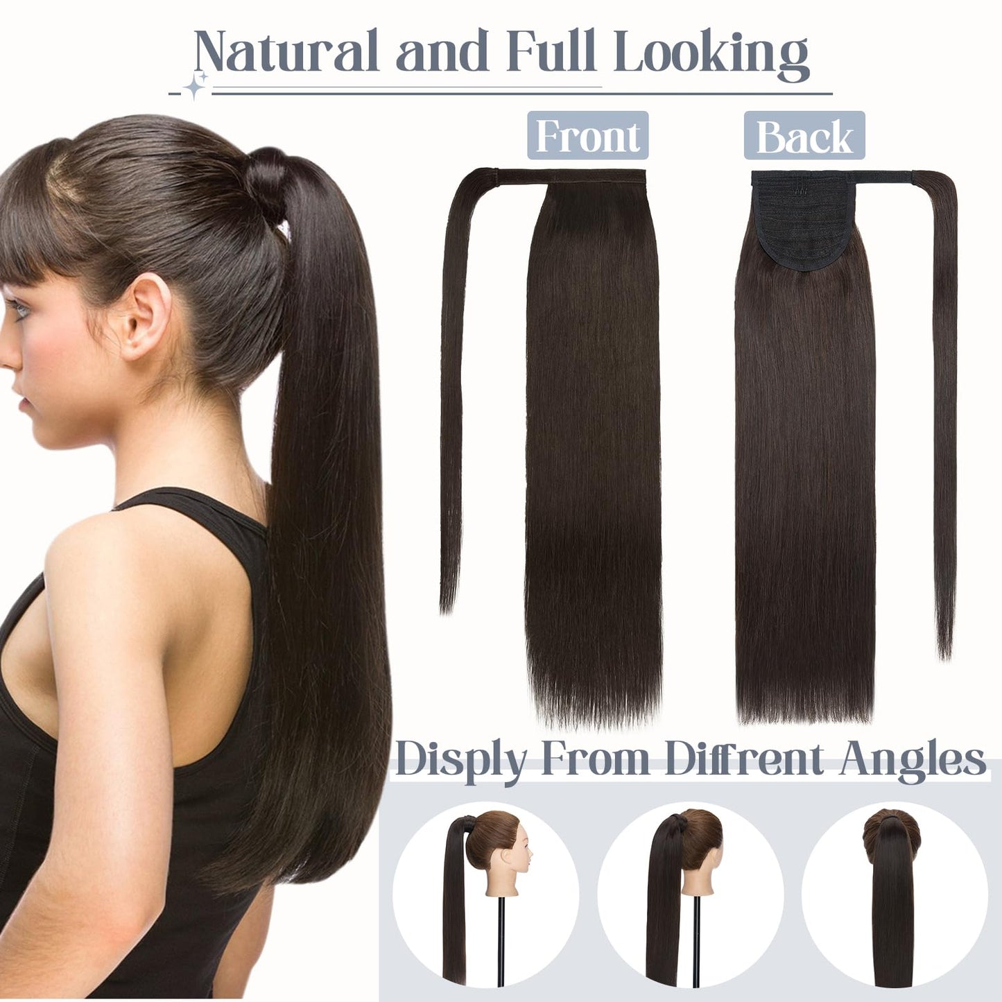 Rich Choices Ponytail Extension Human Hair #2 Dark Brown Real Hair Ponytail Extension Balayage One Piece Clip In Wrap Around Long Ponytail Extension Straight For Women 16 Inch 85g