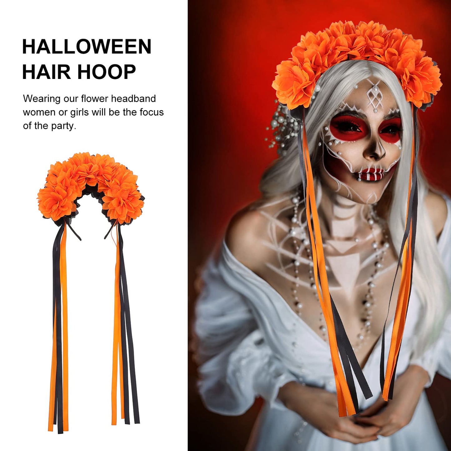 Halloween Wreath Headband Day of Dead Flower Crown Festival Headband Mexican Floral Headpiece with Ribbon for Girls Orange Black