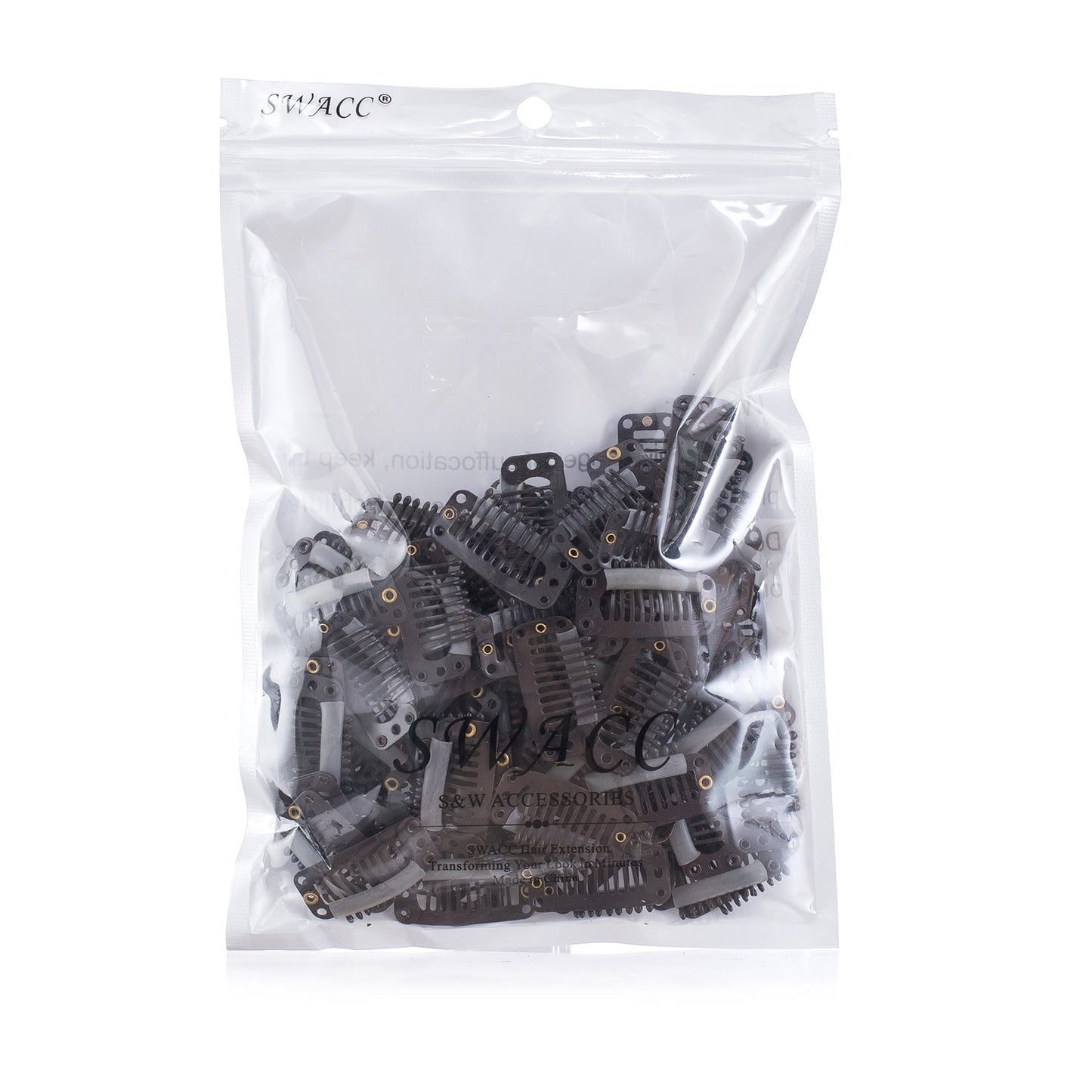 SWACC 100 Pcs U Shape Metailic Snap Clips ins for Hair Extension Hairpiece DIY Snap-Comb Wig Clips with Rubber (Brown, 9-Teeth 6 Holes)