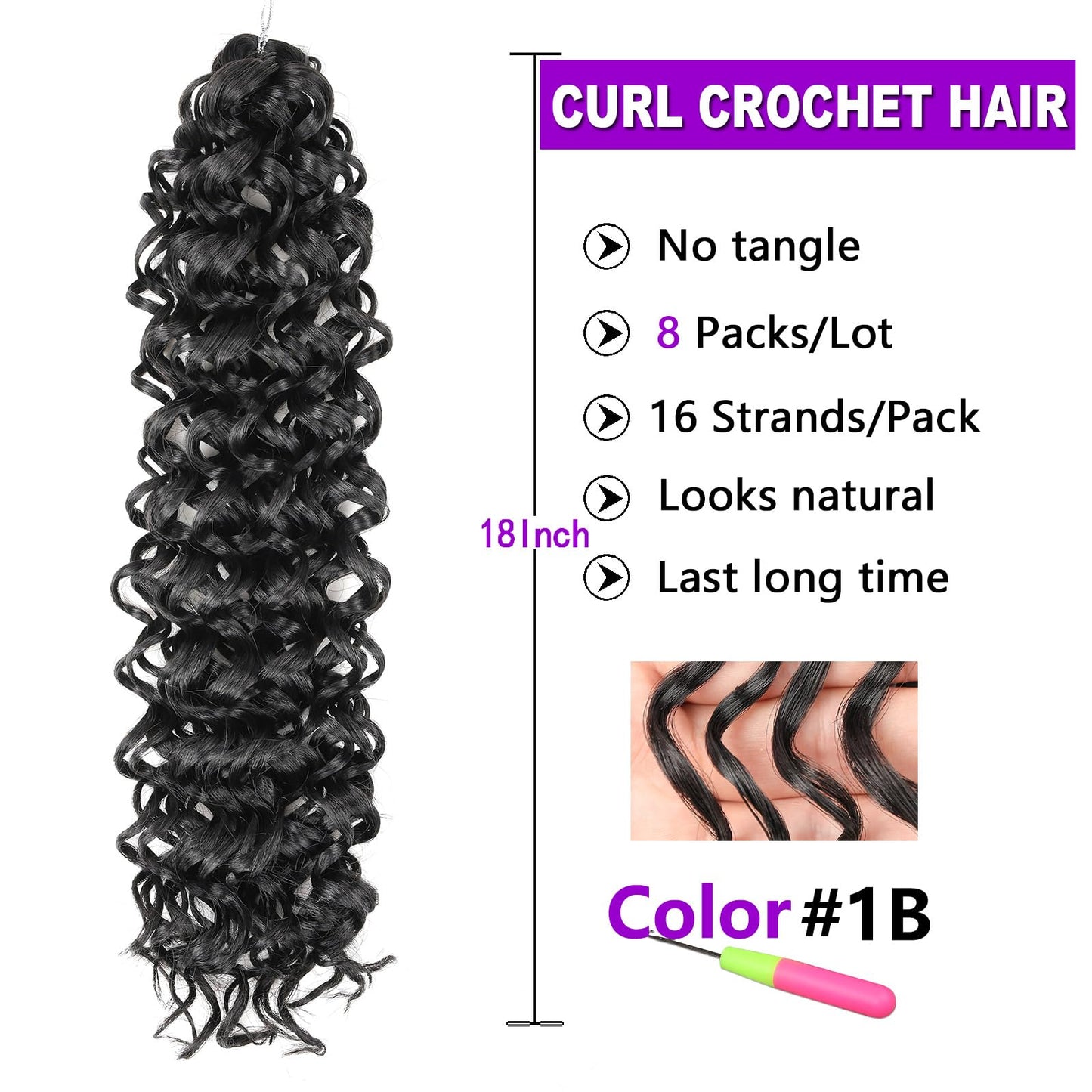 ZRQ GoGo Curl Crochet Hair 18 Inch Water Wave Curly Crochet Hair for Women,8 Packs Ocean Wave Crochet Hair Synthetic Deep Wave Beach Curl Crochet Hair Extensions (18 inch 1B)