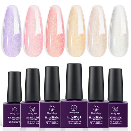 Shimmer Gel Nail Polish,6pcs Pastel Gel Polish Set,Sheer Gel Polish Jelly,Champagne Nude Pink Nail Polish Gel,Clear Glitter Gel Polish,Purple,LED Nail Lamp Cured,Nail Art Design Kit,Gift Set,Soak off