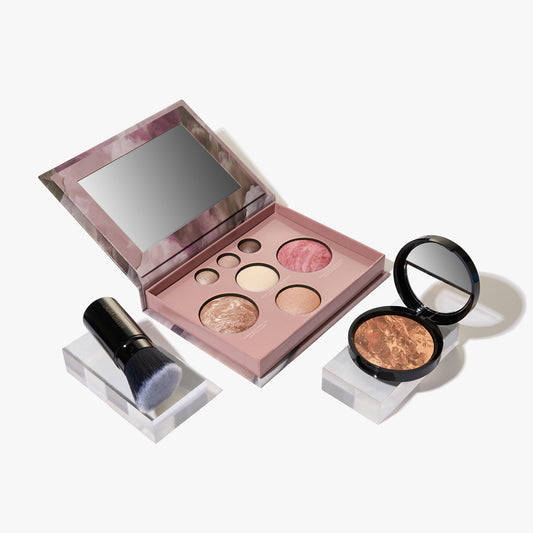 LAURA GELLER NEW YORK Baked Starter Kit: Baked Balance-n-Brighten Powder Foundation, Deep + Best of the Best Palette Blush Bronzer Highlighter Eyeshadow + Retractable Kabuki Brush