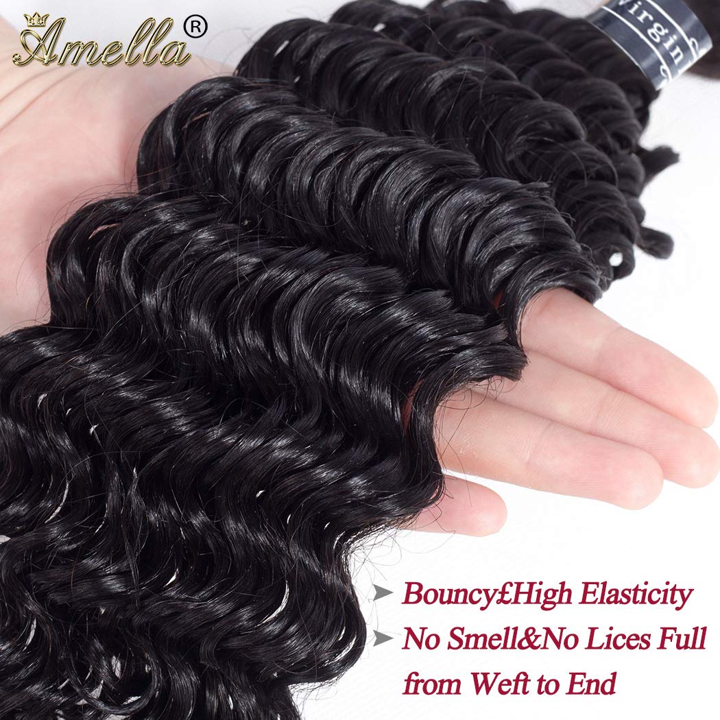 Amella Hair 8A Brazilian Deep Wave Bundle Human Hair (16inch,1 Bundle Only) 100% Unprocessed Virgin Wet and Wavy Deep Wave Curly Bundles Hair Weave Natural Color