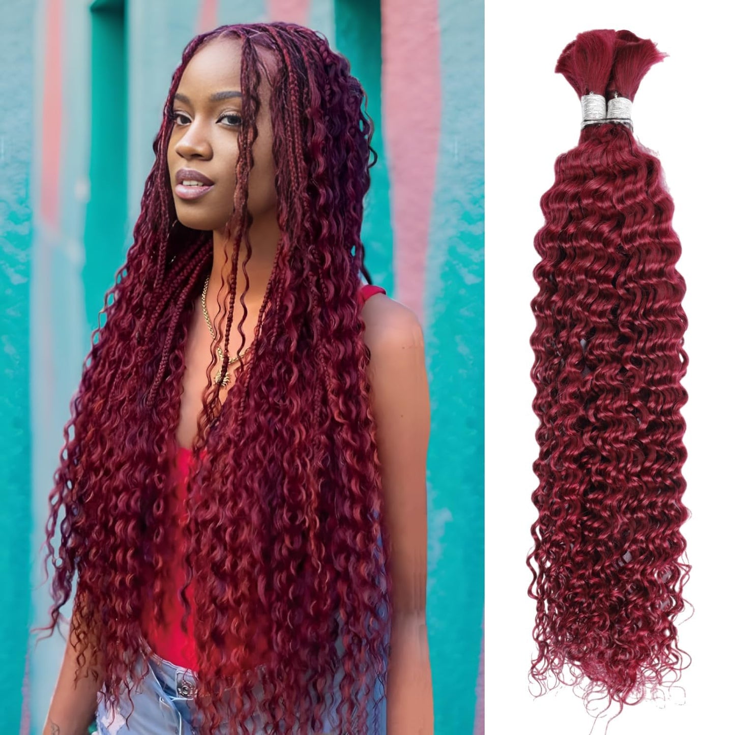 Labamiya Curly Burgundy Braiding Human Hair 100g 18 Inch 99J Burgundy Deep Water Wave Bulk Human Hair for Braiding No Weft Brazilian Virgin Deep Curly Human Hair Extensions for Boho Braids