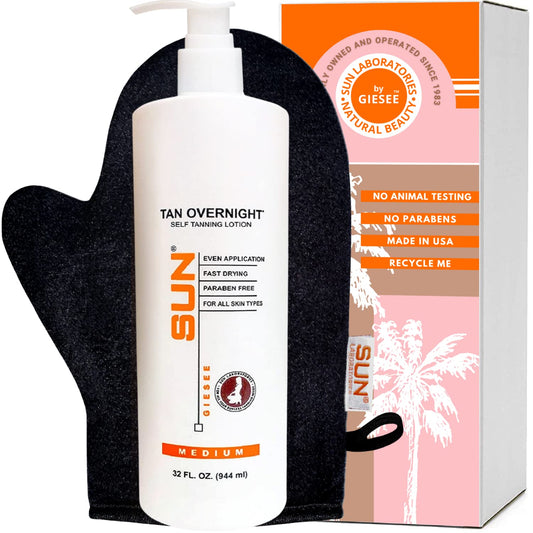 Sun Laboratories By Giesee Self Tanning Lotion 32 oz with Tanning Mitt - Dark Tanning Lotion for Outdoor Sun - Overnight Ultra Dark Tanning Lotion Self Tanner - Organic Sunless Tanner