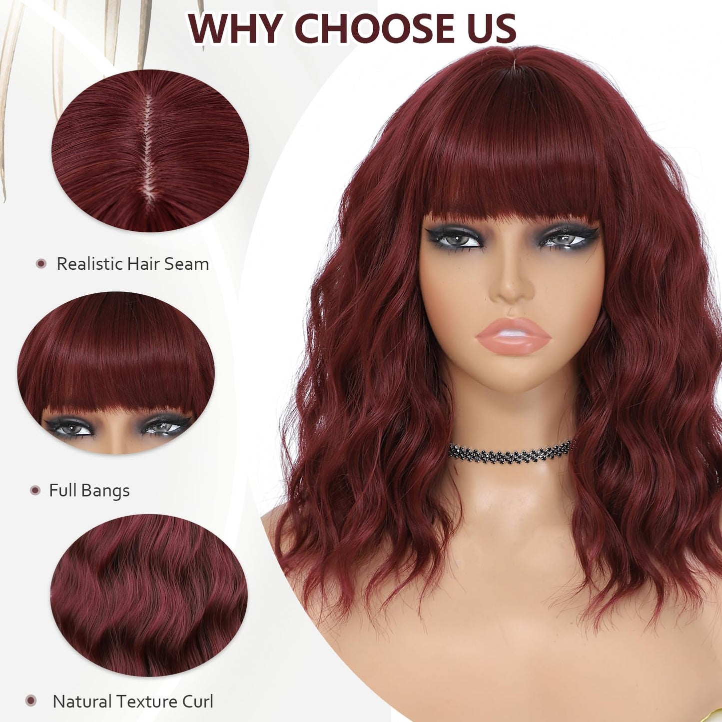 MINLEE Red Wig with Bangs for Women 14 Inch Short Bob Wavy Curly Wig Dark Red Hair Wigs Heat Resistant Synthetic Wigs