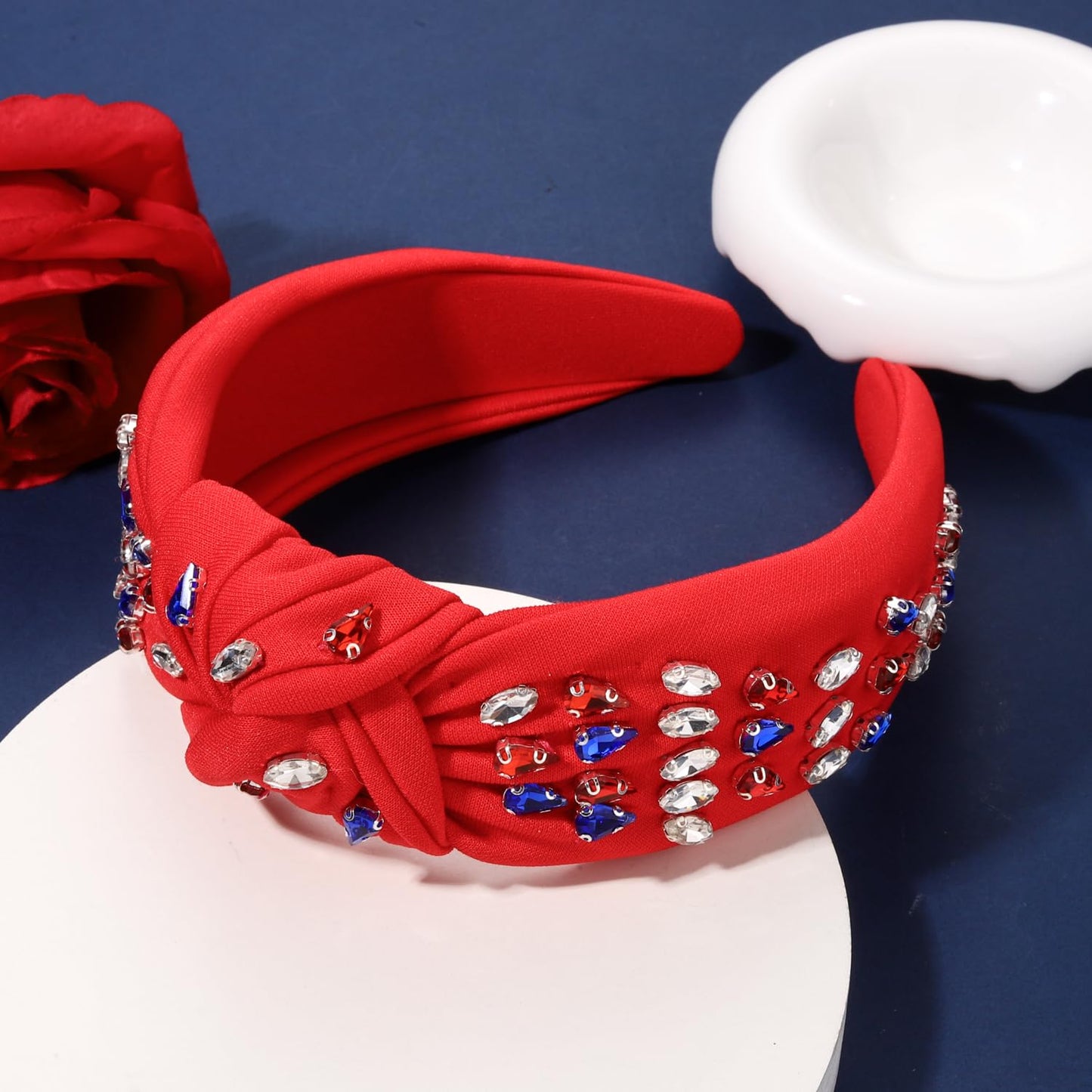 American Flag Rhinestone Knotted Headband for women Sparkly Red White Blue Crystal Embelishied Hairbands Twist Turband Headead (red 7.4-headband)