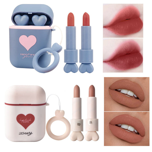 ZSeeY 2Set/Lot Earphone Shape Lipstick Set, Waterproof Long Lasting Velvet Moisturizing lip stain Dual-color Lip Gloss Primer, Non-stick Cup Nude Colors Matte Lips Make Up Gift Kit for Girls