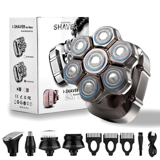 7D Head Shavers for Bald Men, Detachable Magnetic Blades, 5-in-1 Electric Skull Razor, IPX7 Waterproof, Wet/Dry Rechargeable Grooming Kit with Type-C Charger for Gift, Father, Husband (Silver)