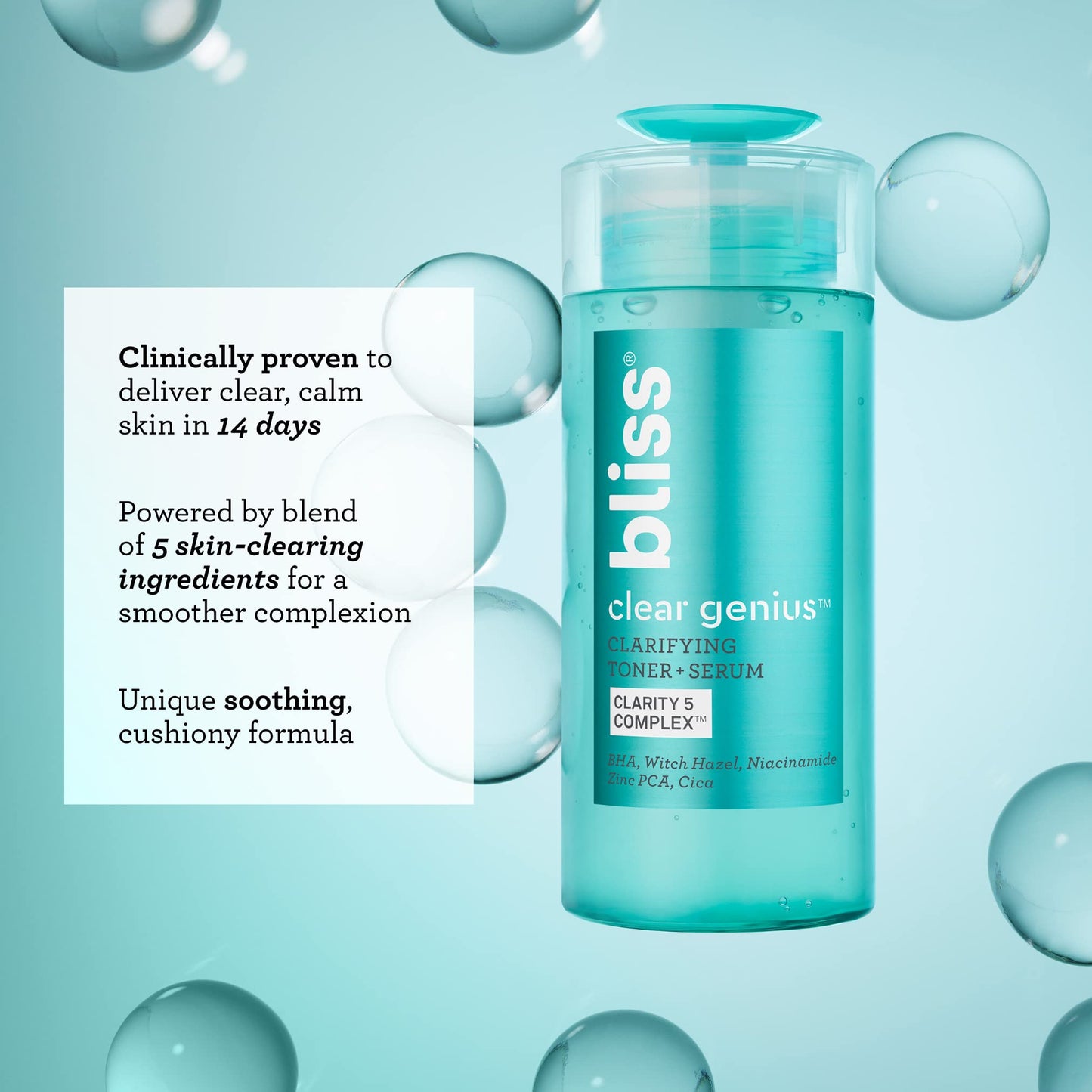 Bliss Clear Genius Clarifying Toner + Serum - 4.3 Fl Oz - Purifies Pores, Tones, Calms & Clears Skin - Salicylic Acid, Niacinamide & Witch Hazel - Clean Paraben Free - Vegan & Cruelty-Free