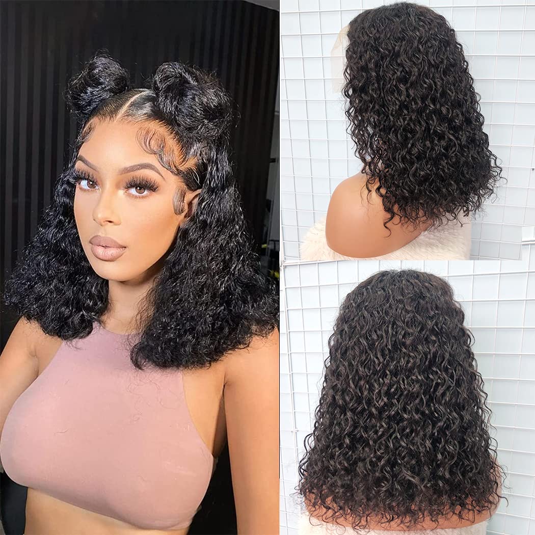 SWEETGIRL 16 Inch Curly Bob 13x4 Lace Front Wigs Human Hair Pre Plucked Hairline 180 Density Water Wave Bob Cut Frontal Wigs for Black Women Natural Color