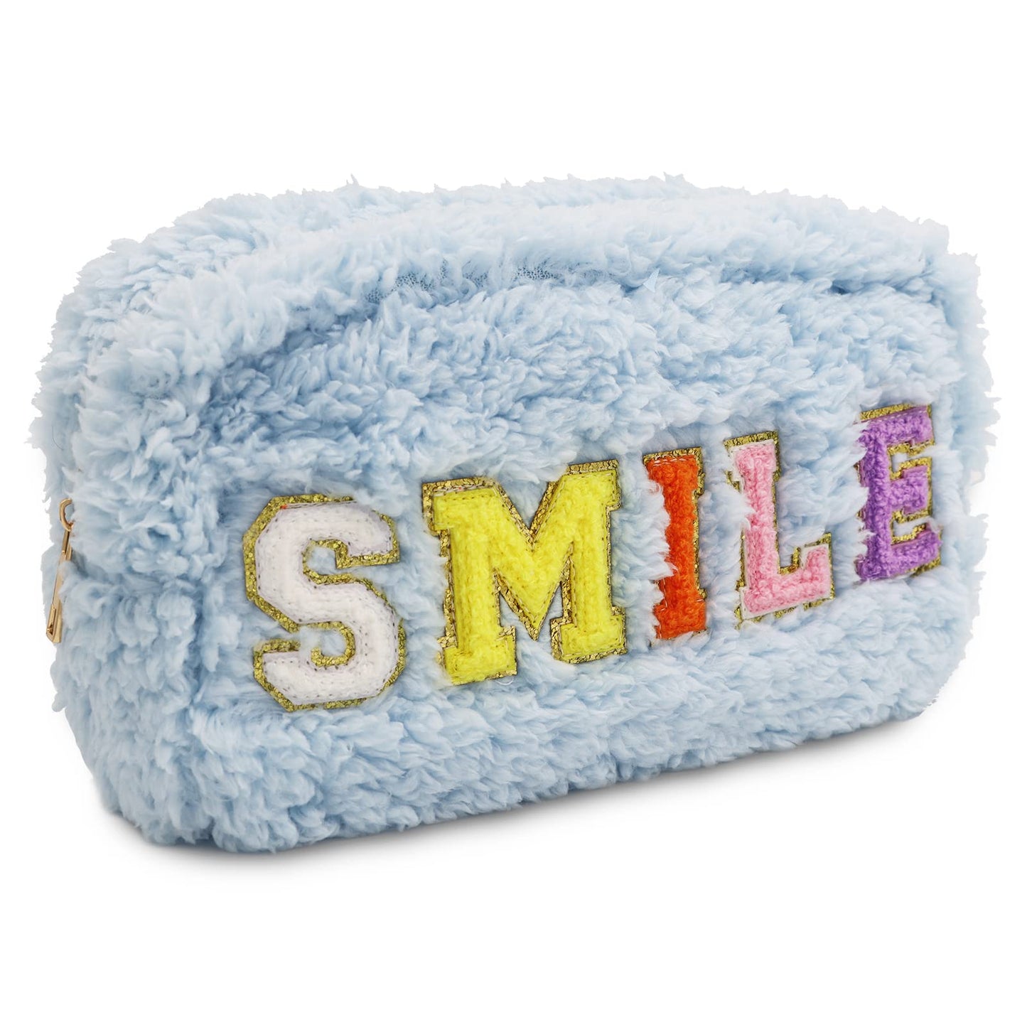 WOLECX Preppy Makeup Bag Cute Fuzzy Chenille Letter Nylon Pouch, Kawaii Plush Small Cosmetic Bag For Purse, Portable Travel Soft Warm Travelling Organizer Bags 12+ (Light Blue Smile)