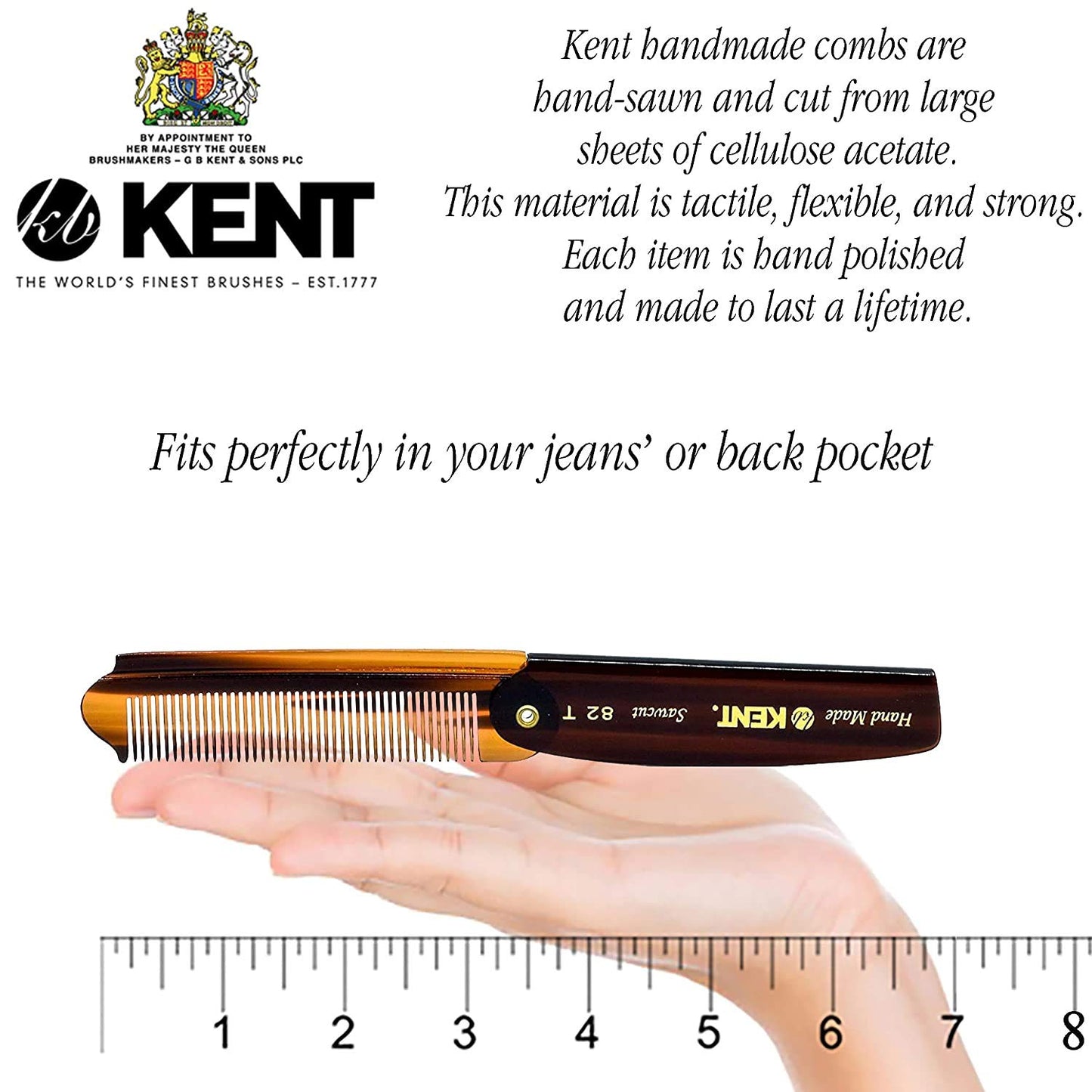 Kent 82T Handmade Folding Pocket Comb for Men, Fine Tooth Hair Comb Straightener for Everyday Grooming Styling Hair, Beard or Mustache, Use Dry or with Balms, Saw Cut Hand Polished, Made in England