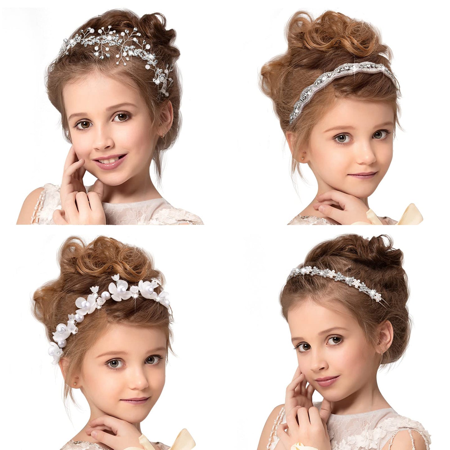 4 Pcs Flower Girl Headpiece White Girl Princess Wedding Headband Girl Bridesmaid Headpiece Bridal Bridesmaid Hairband Pearls Rhinestone Headdress for Women Girls Photography, 4 Styles (Romantic Style)