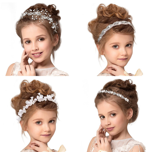 4 Pcs Flower Girl Headpiece White Girl Princess Wedding Headband Girl Bridesmaid Headpiece Bridal Bridesmaid Hairband Pearls Rhinestone Headdress for Women Girls Photography, 4 Styles (Romantic Style)