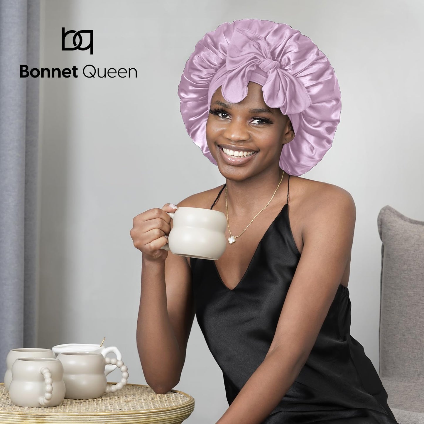 BONNET QUEEN Silk Bonnet for Sleeping Women Satin Bonnet Hair Bonnet Night Sleep Cap for Curly Hair with tie Band Lilac Grey