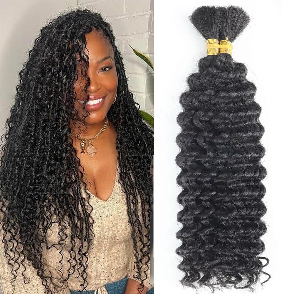 Human Braiding Hair Deep Wave Bulk Human Hair for Braiding 2 Bundles/Pack 100g Wet and Wave Deep Curly Braiding Hair for Boho Braids Bundle Brazilian Virgin Human Hair Extensions Natural Color