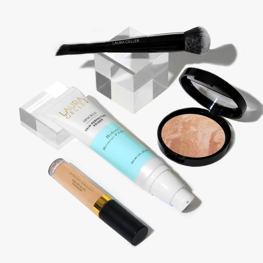 LAURA GELLER NEW YORK Mature Skin Basics Kit - Light: Baked Balance-n-Brighten Foundation + Ideal Fix Liquid Concealer + Spackle Makeup Primer, Hydrate + Dual-Ended Foundation and Concealer Brush