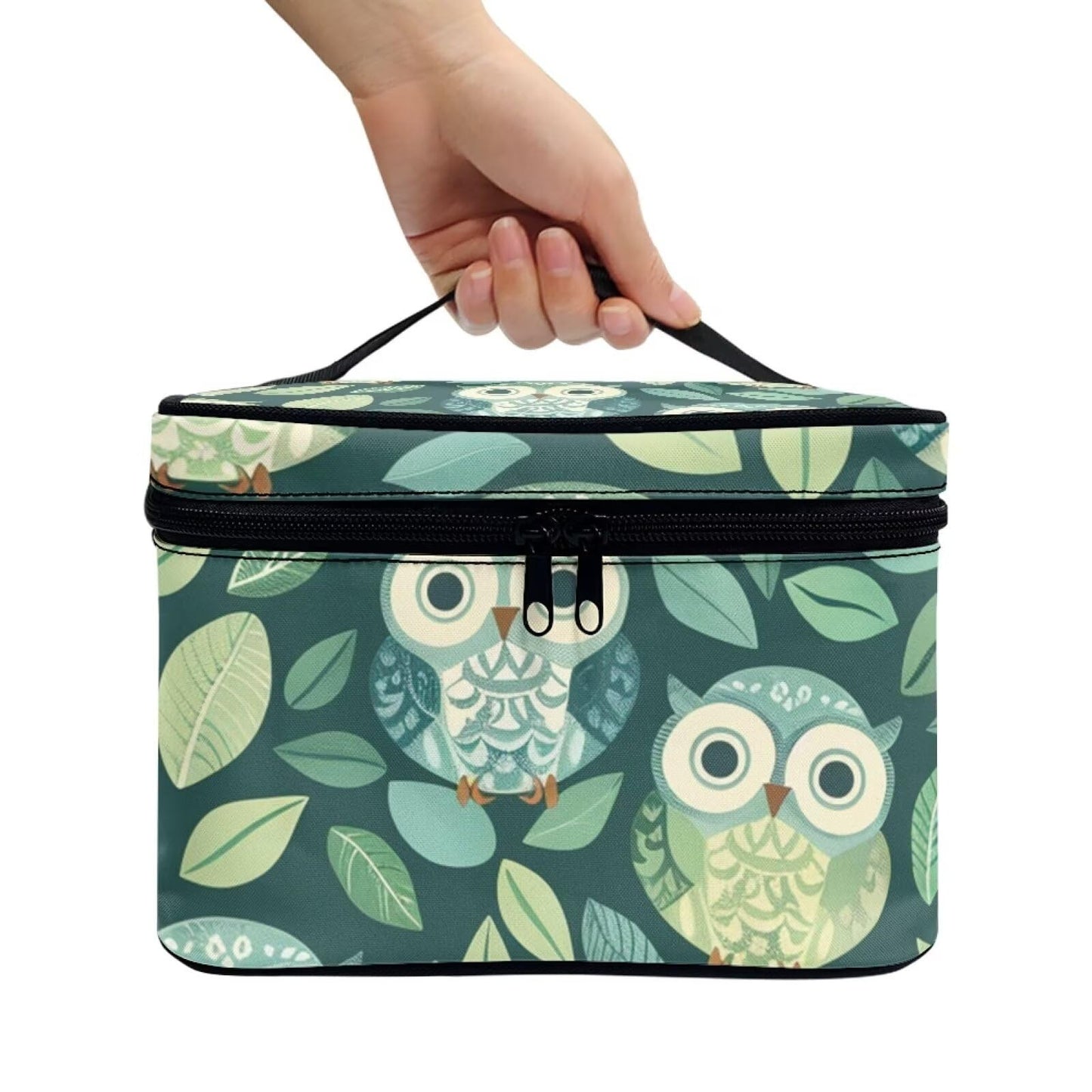 Horeset Green Leaf Owl Print Cosmetic Bag for Women, Portable Soft Makeup Bag Zipper Toiletry Bag Accessories Organizer for Summer Travel