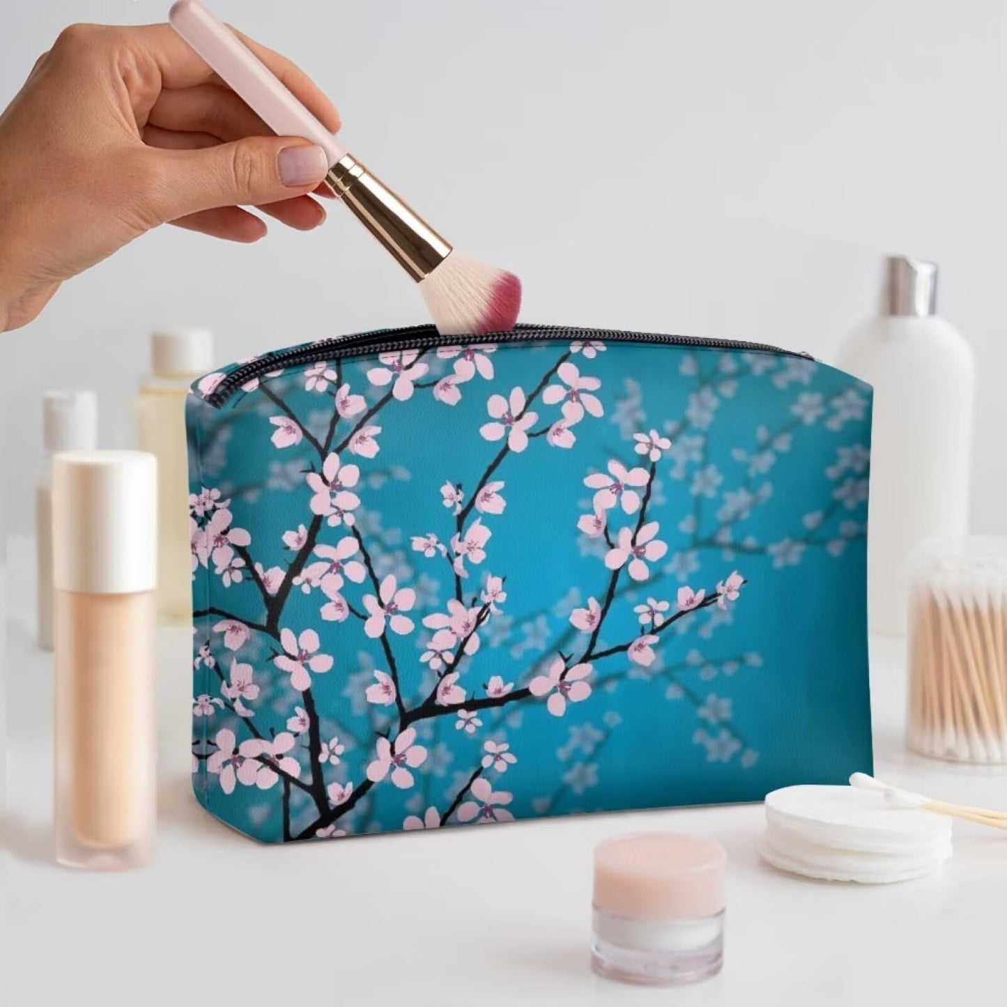 ELEDIZI Cherry Blossom Makeup Bag Blue Floral Cosmetic Bag Portable Travel Toiletry Cosmetic Bag Case for Women Skincare Zipper Bag Cute Makeup Pouch for Purse Clutch Bag for Women Casual Nice Gifts