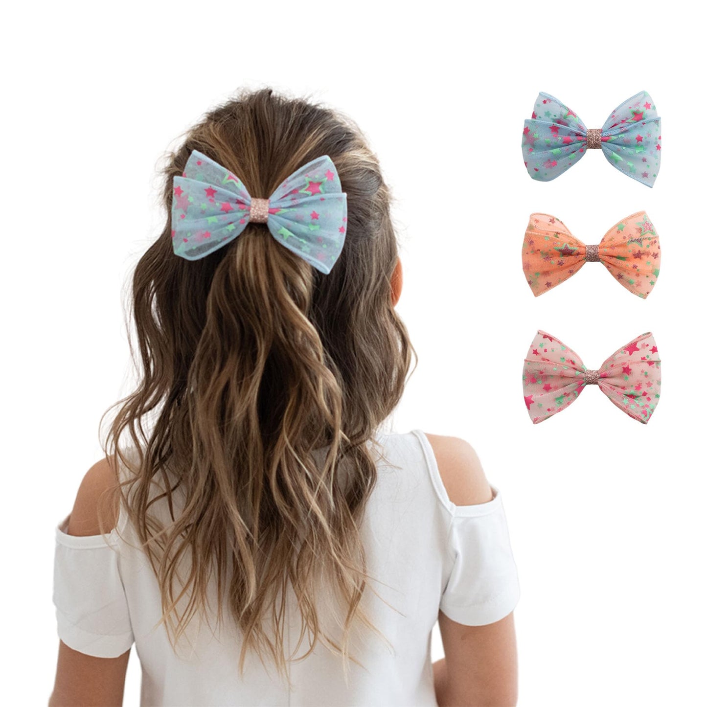 Summer Crystal 3Pcs Stars Tulle Large Bow Hair Clip - For Girls and Women - Ideal Hair Accessory for Birthdays, Daily Wear, Holidays, and Parties (3Pcs Stars Tulle BOP)