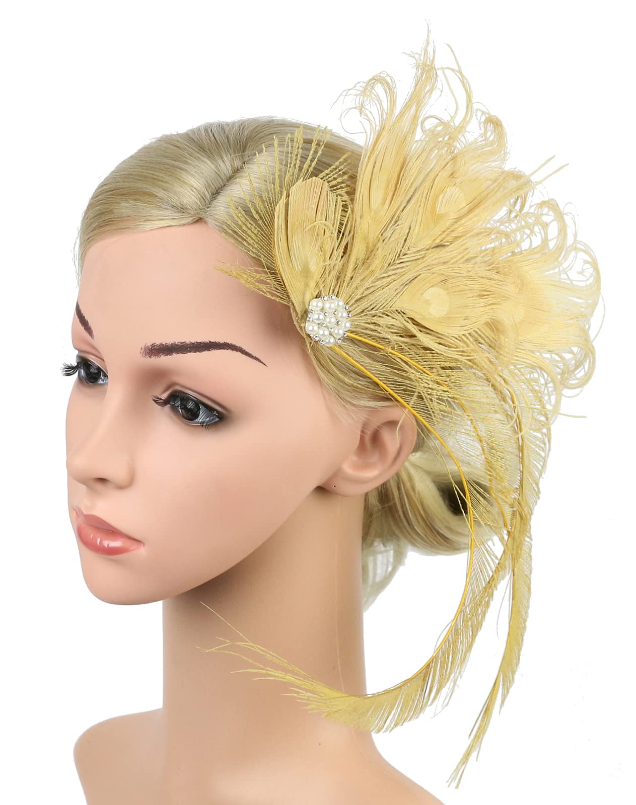 Z&X Peacock Feather Fascinator Hair Clip Headband 1920s Costume Flapper Headpiece (015a- Gold)