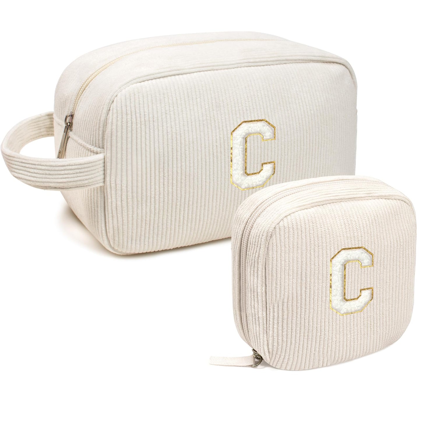 Personalized Initial Makeup Bag, Preppy Patch Makeup Bags Travel Toiletry Bag Zipper Pouch Purse Gifts for Her Mom Sister Teacher Valentine's Day Birthday Gifts for Women Girls (Letter C, 2Pack Beige)