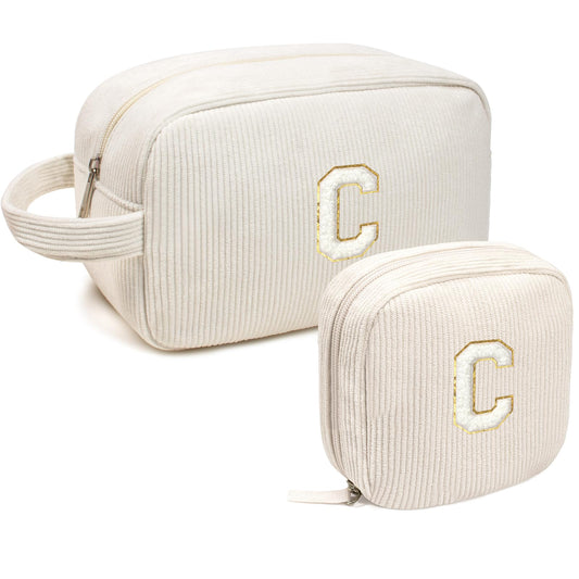 Personalized Initial Makeup Bag, Preppy Patch Makeup Bags Travel Toiletry Bag Zipper Pouch Purse Gifts for Her Mom Sister Teacher Valentine's Day Birthday Gifts for Women Girls (Letter C, 2Pack Beige)