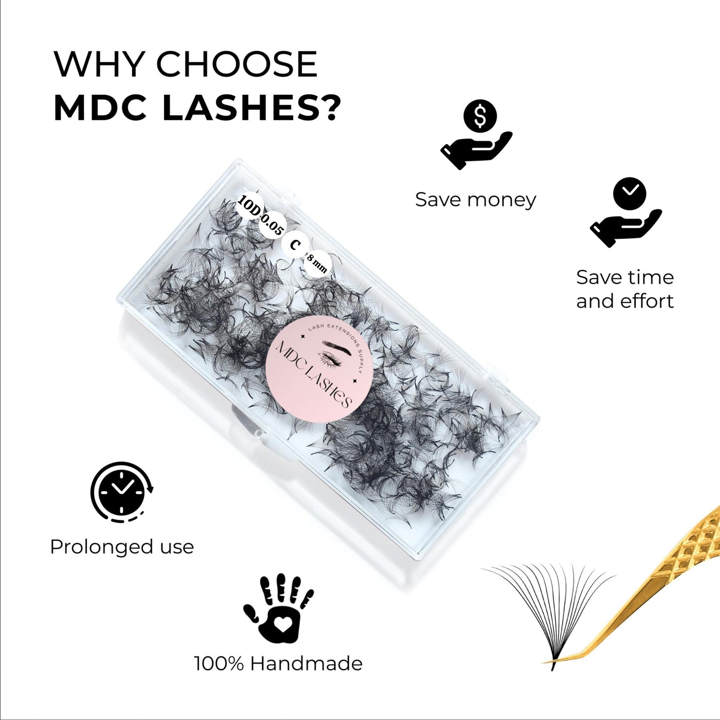 MDC LASHES Promades Eyelash Fan 500fans | 5D-16D, 0.05-0.07 Thickness, C/CC/D Curls, 8-18mm | Volume Lash Extensions Premade Lash Fans Pro Made False Eyelashes Pestanas Pelo A Pelo (6D-0.07-D-11)