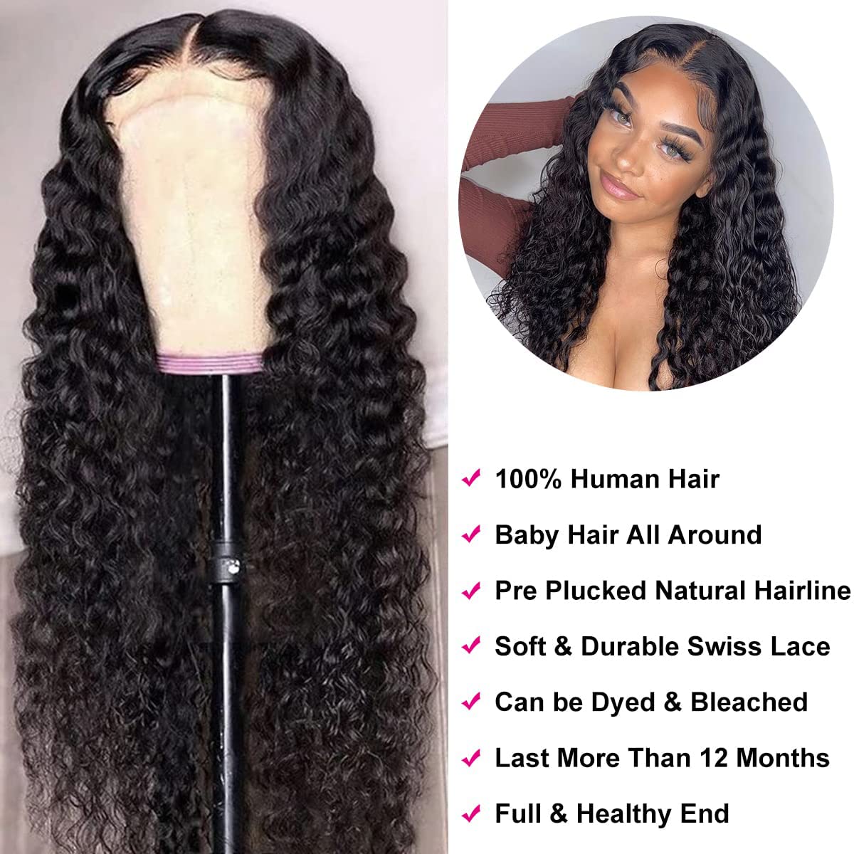 Uesoels 4x4 HD Transparent Lace Closure Deep Wave Wigs Human Hair Pre Plucked Bleached Knots with Baby Hair 180 Density Deep Wave Frontal Wigs for Black Women 16 Inch